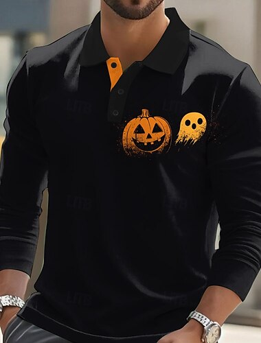  Halloween Homme Potiron Fantôme Polo manche longue Polos Revers Occasionnel Rue Athleisure Tenue quotidienne Tenue de fête Impression 3D Boutons Printemps Automne Hiver Noir Orange