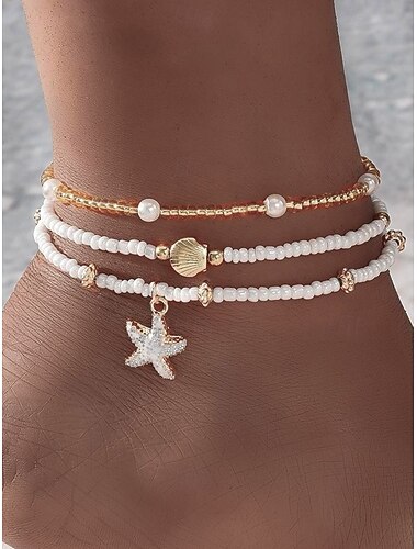  3-delige enkelbandset voor dames – gouden legering en witte kralen met zeesterren- en schelpbedels, bohemian strandsieraden voor zomervakanties en casual outfits
