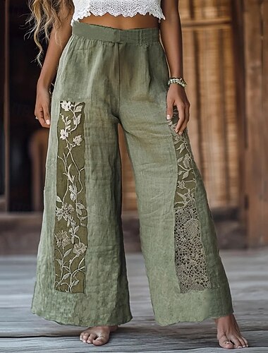  Damen Weites Bein Hosen Hose Palazzo-Hose Vintage Boho Volle Länge Hohe Taille Blume Elastischer Bund Drucken Atmungsaktivität Bequem Straße Alltagskleidung Ausgehen Grün Frühling Herbst Normale