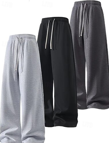  Multi Packs 3pcs Men's Black*3 Sweatpants Trousers Straight Leg Sweatpants Drawstring Elastic Waist Plain Vacation Daily Wear Polyester Spring