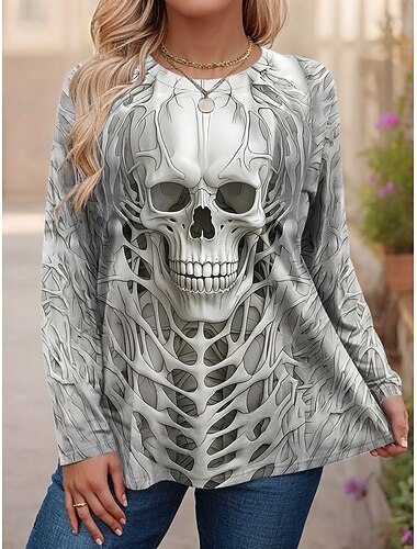  Dámské topy plus size s potiskem lebek, dlouhý rukáv, kulatý výstřih, ležérní, denní, polyester, podzim, zima, černá, bílá