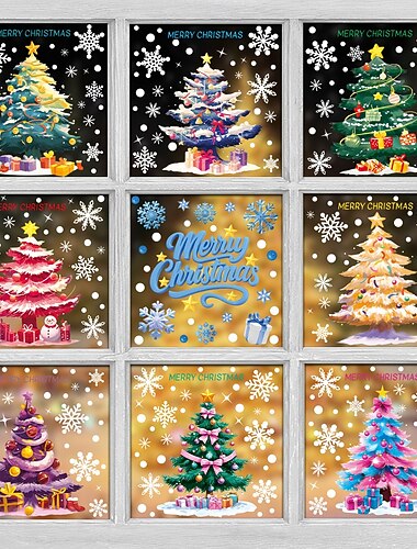  9 feuilles de stickers muraux pour fenêtres de Noël, décorations, arbres de Noël, bonhommes de neige &flocons de neige, statique, vitrine &décoration en verre pour la maison