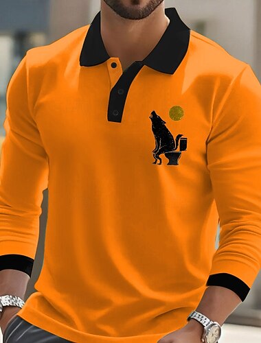  Halloween Homme Loup Polo manche longue Polos Revers Occasionnel Rue Athleisure Tenue quotidienne Vêtements de festival Impression 3D Boutons Printemps Automne Hiver Noir Orange