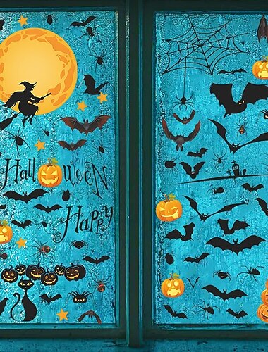  9 feuilles d'autocollants statiques pour fenêtre d'Halloween avec chauves-souris, citrouilles, chats noirs, sorcières, autocollants en verre amovibles pour salle de bain, maison, bureau, décorations