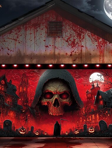  Απόκριες κάλυμμα πόρτας γκαράζ Grim Reaper κρανίο πανό στοιχειωμένο σπίτι σκηνή νεκροταφείου τρόμου τρομακτικό φόντο ταπισερί για εξωτερική διακόσμηση φράχτη τοίχου