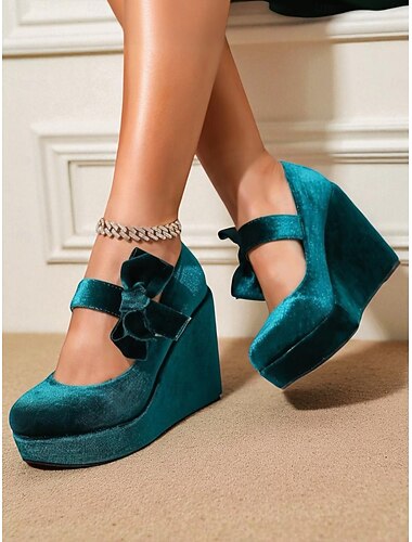  Sapatos Mary Jane femininos de salto plataforma, de veludo verde, inspirados nos anos 1950, com laço - sapatos sociais retrô para festas de Natal, para comemorações de feriados e trajes noturnos