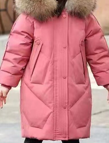  子供 女の子 ダウン 純色 ファッション ファートリム 学校 コート アウターウェア 4〜12年 冬 ブラック ピンク ルビーレッド