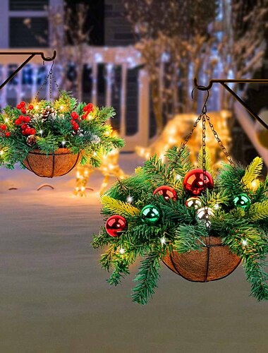  Sztuczne kwiaty ogrodowe na Boże Narodzenie z wiszącym koszem, wiszące doniczki, kwiaty na Boże Narodzenie, zimowy ganek, patio, wystrój domu