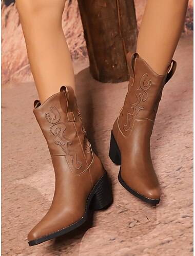  Botas vaqueras marrones para mujer: botas vaqueras de media pantorrilla con diseño bordado y tacón de bloque para rodeo, conciertos de música country y atuendos de otoño e invierno.