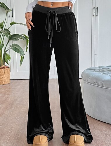  Γυναικεία Πλατύ Πόδι Πλατύ παντελόνι ανάπαυσης Κομψό στυλ street Καθημερινό Πλήρες μήκος Φυσικό Σκέτο Ελαστικό σχέδιο κορδονιών περίσφιξης Άνετο Δρόμος Αργίες Καθημερινά Ρούχα Μαύρο Φθινόπωρο Κανονικό
