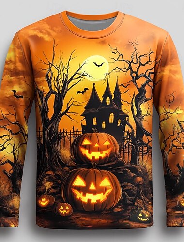  Halloween Ανδρικά Κολοκύθα Μπλουζάκι Μακρυμάνικο Κοντομάνικη μπλούζα 3D εκτύπωση Στρογγυλή Ψηλή Λαιμόκοψη Πουκάμισο Μοντέρνα Εξωγκωμένος Δρόμος Causal Καθημερινά Θαλασσί Βυσσινί Πορτοκαλί