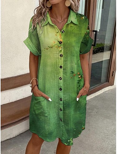  Dames Mini-jurk Shirtjurk Casual jurk Jurk met print Modieus Modern Dagelijks Strand Weekend Normale pasvorm Bloemig Korte mouw Overhemdkraag Groen Zomer Lente Herfst