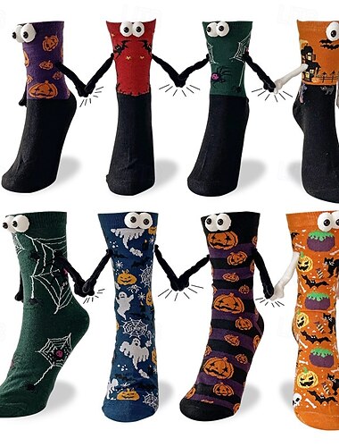  Calcetines de media pantorrilla con diseño de animales de Halloween, calcetines geométricos con calaveras divertidas, calcetines unisex con cara sonriente, calcetines modernos con pareja cogida de la