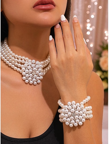  Conjunto de collar y pulsera de perlas para mujer, joyería vintage estilo Gatsby para fiestas y eventos temáticos de los años 20.