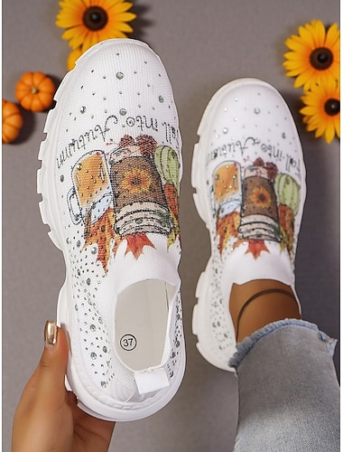  Γυναικεία sneakers με flyknit και print καφέ σε φθινοπωρινή κολοκύθα – ελαφριά, casual φθινοπωρινά παπούτσια για περπάτημα για το Halloween και το φεστιβάλ συγκομιδής