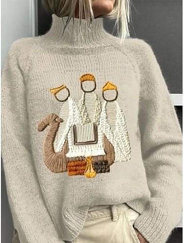  Women's Pullover Vacation Daily Tree Christmas Light Ribbed Turtleneck Knitted Print Long Sleeve Regular Tops Knit Outdoor Daily Holiday Camel Khaki Fall Winter