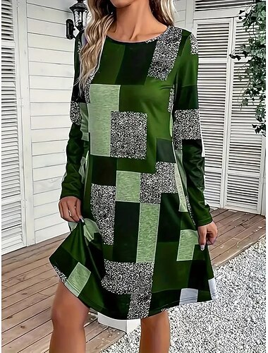  Női Mini ruha Hüvelyruha A vonalú ruha Fit and Flare ruha Buli Alkalmi Boho Parti Esküvői vendég Napi Normál Grafika Mértani Kockás Hosszú ujj Terített nyak Medence Bíbor Lóhere Szürke Tavasz Ősz Tél