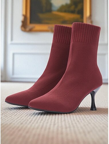  stivali da donna in maglia bordeaux – stivaletti con tacco a spillo e punta affilata in tessuto elasticizzato, stile moderno ed elegante per l'ufficio autunnale e invernale, feste ed eleganti abiti da sera