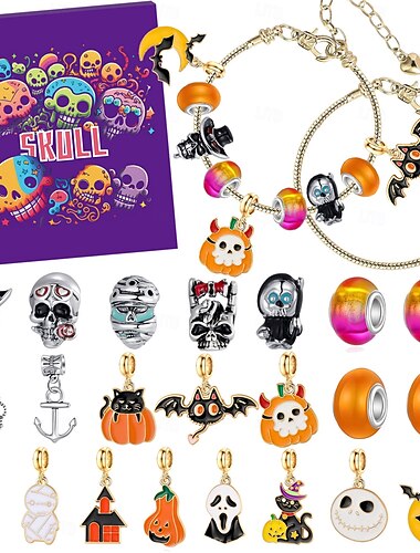  Bracelets de calendrier de l'Avent d'Halloween 2025 pour filles, kit de fabrication de bijoux DIY de 24 jours du Jour des Morts avec 22 perles à breloques et 2 bracelets réglables, citrouille &Cadeau