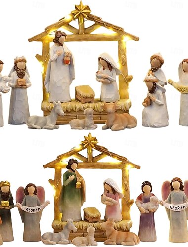  12 pezzi/set statuine natalizie in resina per presepe, sacra famiglia, presepe, statuette per decorazioni natalizie da tavola per interni ed esterni