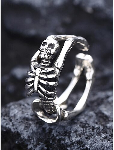  Anello da abbraccio da donna con scheletro di Halloween — fascia regolabile aperta, design gotico punk con teschio e ossa in lega color argento, gioiello importante per feste in maschera, cosplay e serate fuori