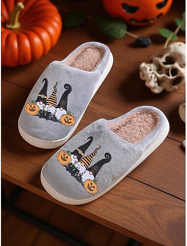  Dames Halloween kabouter pantoffels met pluche voering - comfortabele binnenhuisschoenen met pompoen- en heksenhoedprint voor herfst, koppels en feestdagen