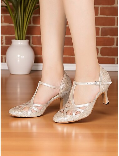  Women's Champagne Glitter T-Strap Dance Shoes with Mid Heel - Professional Gatsby Party Ballroom Footwear