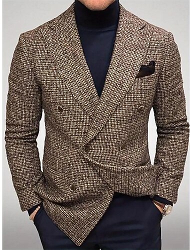  Hombre Chaqueta americana Cuello de muesca Ligeras A Rayas Blazer Marrón Estándar Seis botones cruzados