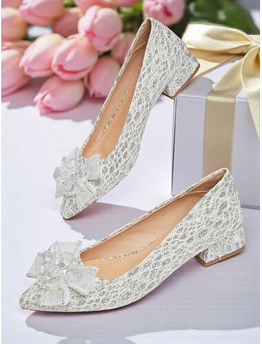  scarpe da sposa da donna con tacco basso e blocco in pizzo glitterato - eleganti décolleté da sposa con punta a punta e fiocco di cristalli per spose, damigelle ed eventi formali