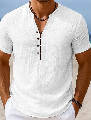  Per uomo Camicia Camicia di lino Camicia Estiva Camicia da Spiaggia Tinta unica Vacanza Crociera Nero Bianco Manica Corta Girocollo Estate Primavera Abbigliamento