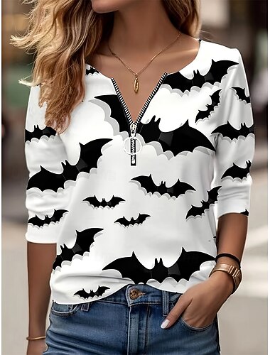  Halloween Γυναικεία Μπλουζάκι Γραφική Νεκροκεφαλές Κομψό Βίντατζ Στυλάτο Μακρυμάνικο Λαιμόκοψη V Στρογγυλή Λαιμόκοψη Λαιμός με εγκοπή Κανονικά μπλουζάκια Καθημερινά Σαββατοκύριακο Φερμουάρ Στάμπα