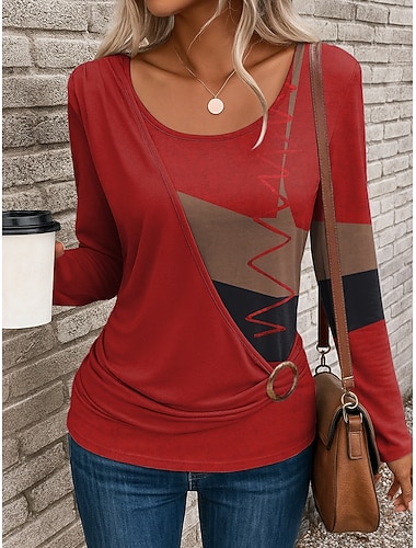 Női Póló Grafika Mértani Szüret Stílusos Alkalmi Hosszú ujj Terített nyak Normál felsők Napi Kollázs Nyomtatott Sárga Rubin Medence Poros kék Bíbor Ősz Tél   Női Póló Grafika Mértani Szüret Stílusos Alkalmi Hosszú ujj Terített nyak Normál felsők Napi Kollázs Nyomtatott Sárga Rubin Medence Poros kék Bíbor Ősz Tél