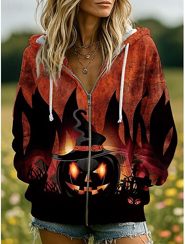  Halloween Dame Zip Up Hettegensere Dødningehodeskalle Grafikk Gresskar Motedesign Uformell Lange Ermer Kapuserts Regular Topper Gate Bære Hverdagsbruk Glidelås Lomme Trykk Svart Rød Appelsin Brun Grå