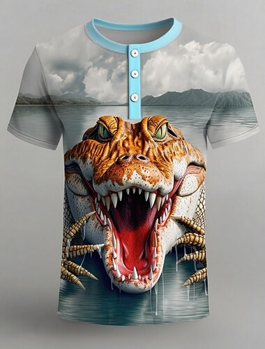  Herren Tiermotiv Krokodil Niedlich T Shirt Henley Hemd Kurzarm Designer Retro Vintage Trendy Straße Lässig Täglich Sommer Frühling Hellblau Henley Henley T-Shirt