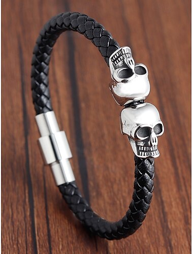  Bracelet homme en cuir et alliage décoré tête de mort d'Halloween, style gothique, parfait pour les fêtes et les looks quotidiens audacieux