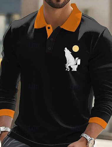  Муж. Животное Волк Поло Длинный рукав Футболки поло Лацкан На каждый день Для улицы Одежда для спорта и отдыха На каждый день Праздничная одежда 3D печать Пуговицы Весна Осень Зима Черный Оранжевый