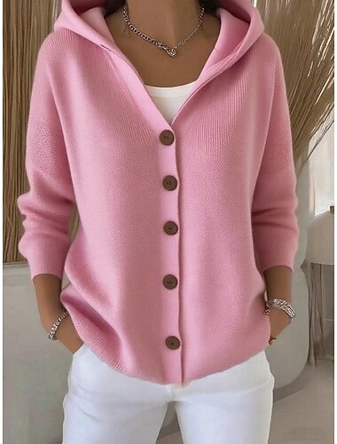  Mujer Pulóveres Cárdigan Elegante Moda Ropa de calle Color puro Con Capucha De Punto Manga Larga Tops regulares Tejer Exterior Diario Fin de semana Negro Blanco Otoño Invierno