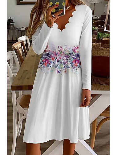  Per donna Mini Abito Abito a Tubino Casual Boho Quotidiano Vestibilità regolare Floreale Grafico Manica Lunga Scollo a V Bianco Arancione Estate Primavera Autunno Inverno