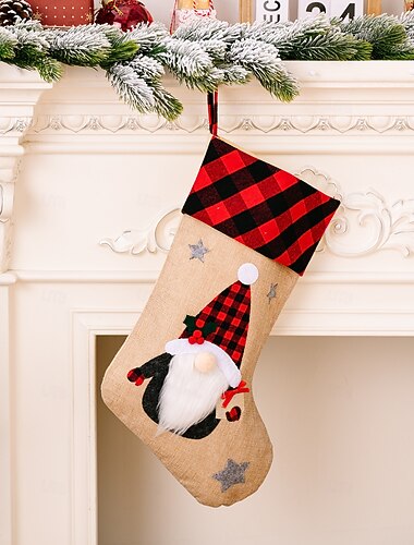  Julestrømpe rød svart rutete pynt applikasjon tegneserie julenissen gavepose ferie vindu hengende ornament til hjemmet peis festlig julefest dekorasjon tilbehør