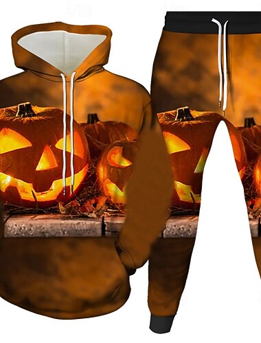  Halloween Herre Gresskar 2stk 3D-genseresett Joggedress Hettegenser Langermet Lange bukser Med hette Fritid hverdag treningsklær Festivalantrekk 3D-utskrift Vår Høst Vinter Svart Blå Oransje