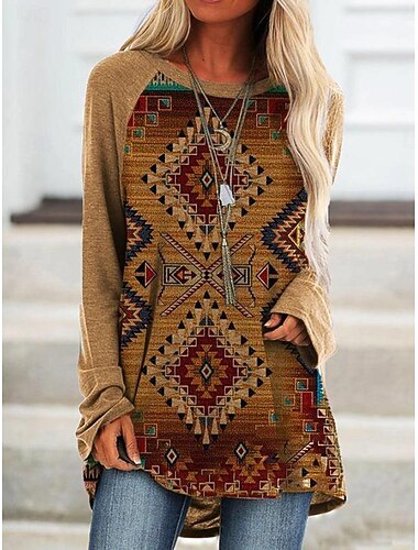  Women's T Shirt Graphic Tribal Vintage Stylish Casual Long Sleeve Crew Neck Long Tops Daily Print Blue Brown Green Khaki Spring Fall