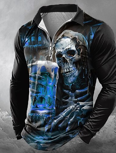  Halloween Homme Bière Oktoberfest Crânes Polos à zip manche longue Polos Revers Occasionnel Horreur Sombre Extérieur Tenue de fête Impression 3D Printemps Automne Hiver Noir Rouge Bleu