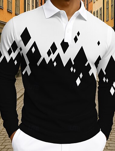  Voor heren Kleurenblok Meetkundig Polo Lange mouw Poloshirt Revers Zakelijk informeel Sportkleding Alledaagse kleding 3D-afdrukken Knop Lente Herfst Winter Zwart Wit