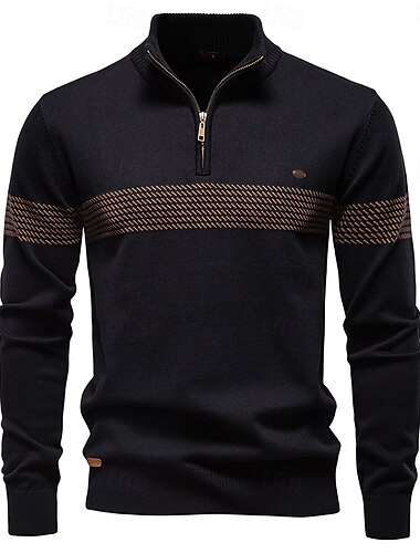 Herren Pullover Stricken Normale Oberteile Halber Reißverschluss Streifen Einfach Stehkragen Cool Zur Seite fahren Schule Urlaub Bekleidung Frühling Herbst Schwarz Dunkelmarine S M L