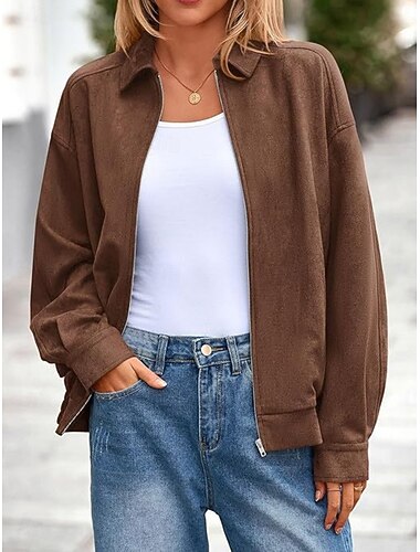 Γυναικεία Casual Jacket Άνετο Αναπνέει Φερμουάρ Καθημερινό Σκέτο Διακοπές Δρόμος Causal Καθημερινά Ρούχα Φερμουάρ Κανονικό Απορρίπτω Υπερμεγέθη Μακρυμάνικο Εξωτερικά ενδύματα Μαύρο Κρασί Καφέ