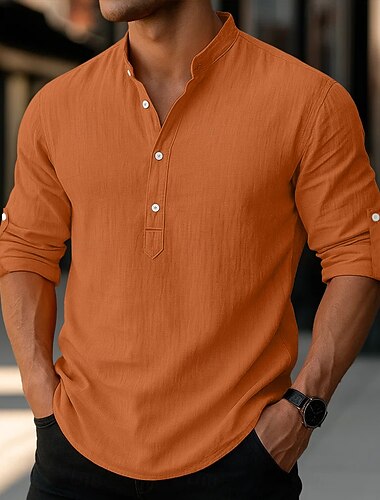  Per uomo Camicia di lino Camicia con colletto alla coreana Camicia popover Camicia casual Camicia da Spiaggia Semplice Vacanza Camicia hawaiana Nero Bianco Rosa Arancione Manica Lunga Henley