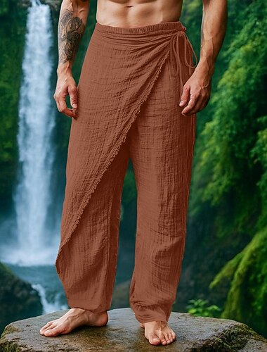  Hombre Pantalones de lino Pantalones Pantalones de verano Correa Cintura elástica Pierna recta Plano Comodidad Transpirable Longitud total Casual Diario Festivos Vacaciones Moda Blanco Marrón