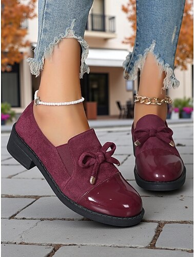  Burgunderrote Loafer aus Wildleder und Lackleder für Damen – Slipper mit niedrigem Absatz und Schleife für Freizeitausflüge, Arbeitskleidung und den Streetstyle im Herbst