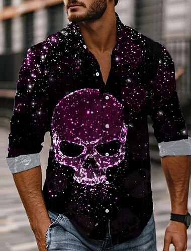  Homme Crâne Paillettes scintillantes Jour des Morts Chemise Chemise Boutonnée manche longue Style gothique sombre Fête Printemps Automne Col Rabattu Impression 3D chemises à col Une poche avant Noir