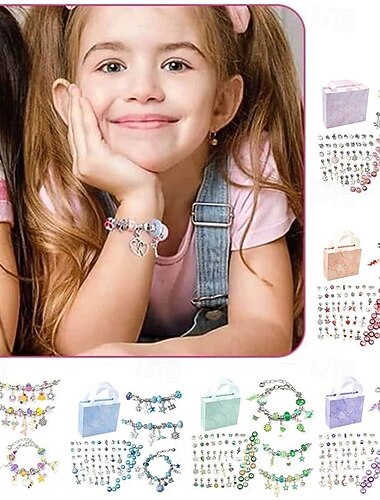  Σετ κρυστάλλινων βραχιολιών diy για παιδιά με χάντρες, ροζ, καρτούν σχεδιασμό, χειροποίητο βραχιόλι με γούρι, αξεσουάρ χειροτεχνίας με κουτί δώρου για κορίτσια, δημιουργικό χριστουγεννιάτικο δώρο